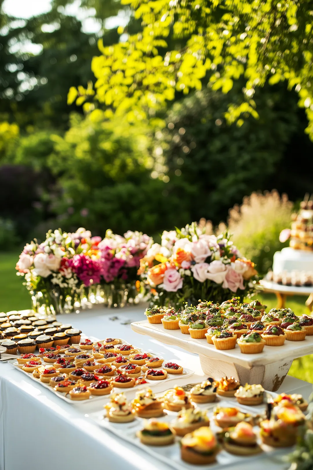 Buffet raffinato tra fiori e natura per eventi in giardino