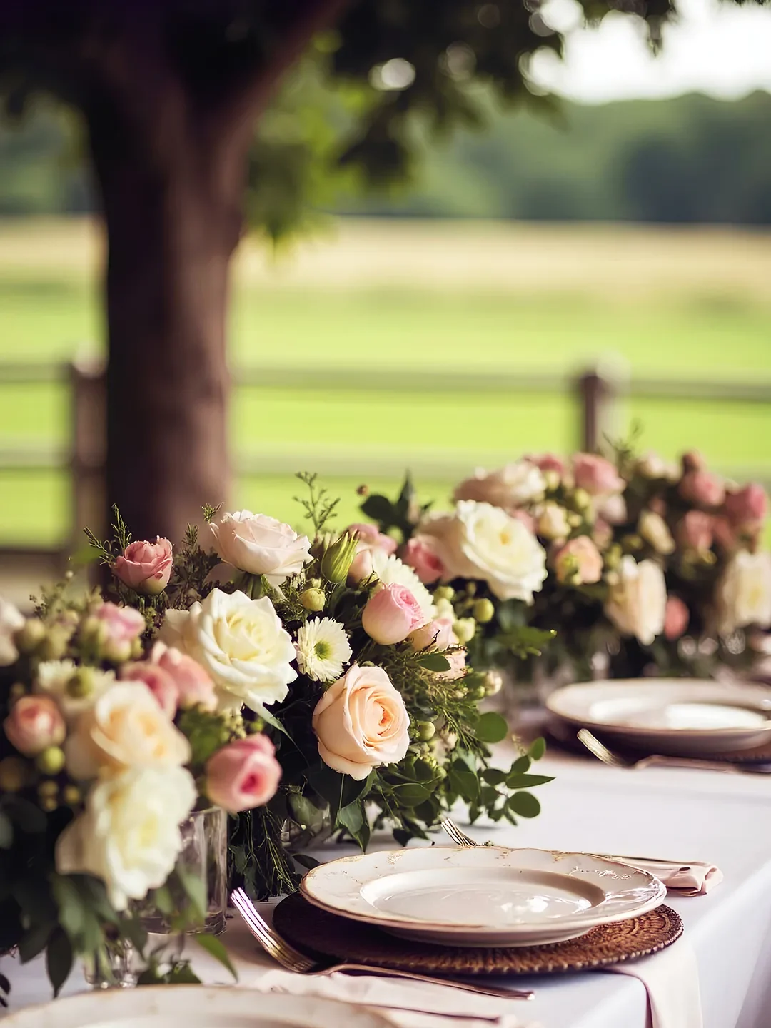 Tavolo con composizione floreale per cena o ricevimento elegante